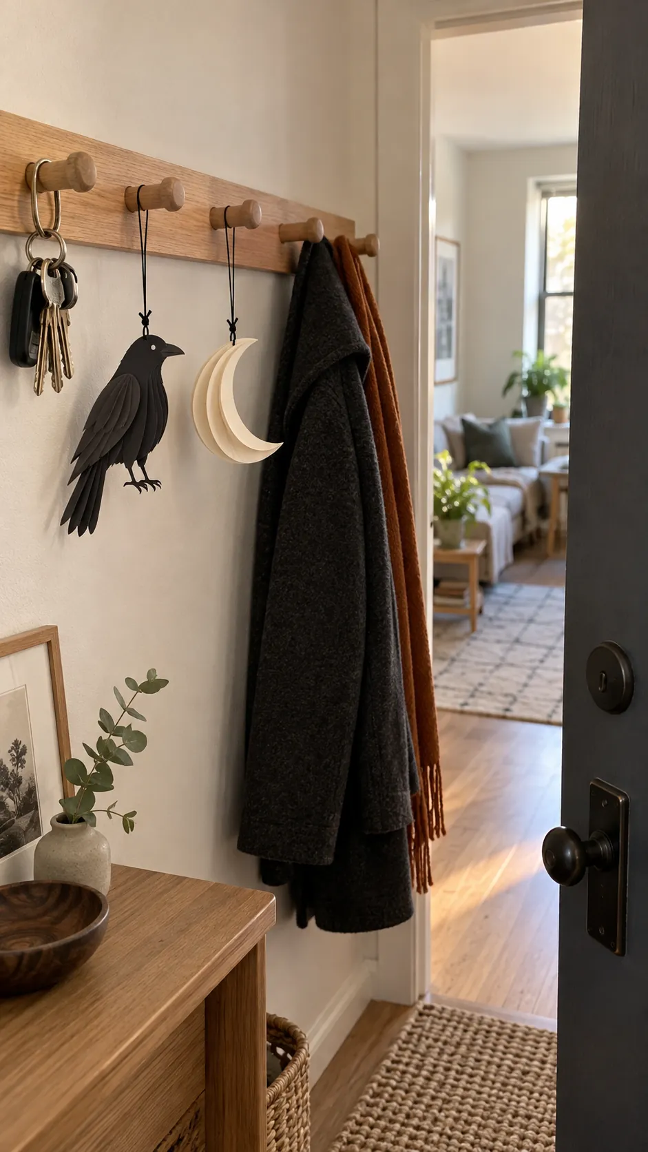 A peg rail of paper charms in a small studio apartment