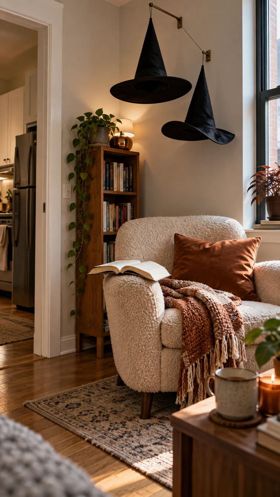 Witch hats over a reading corner in a small studio apartment