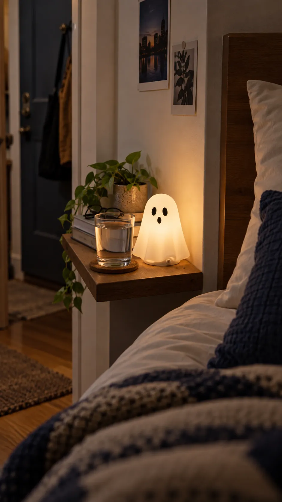 A bedside ghost lamp in a small studio apartment
