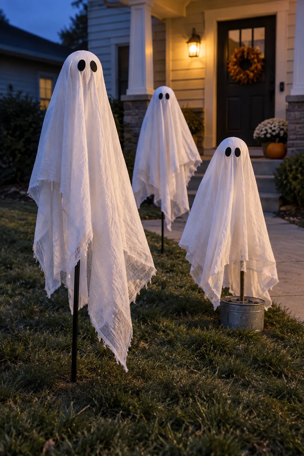 A collection of freestanding outdoor Halloween ghosts in a treeless front yard