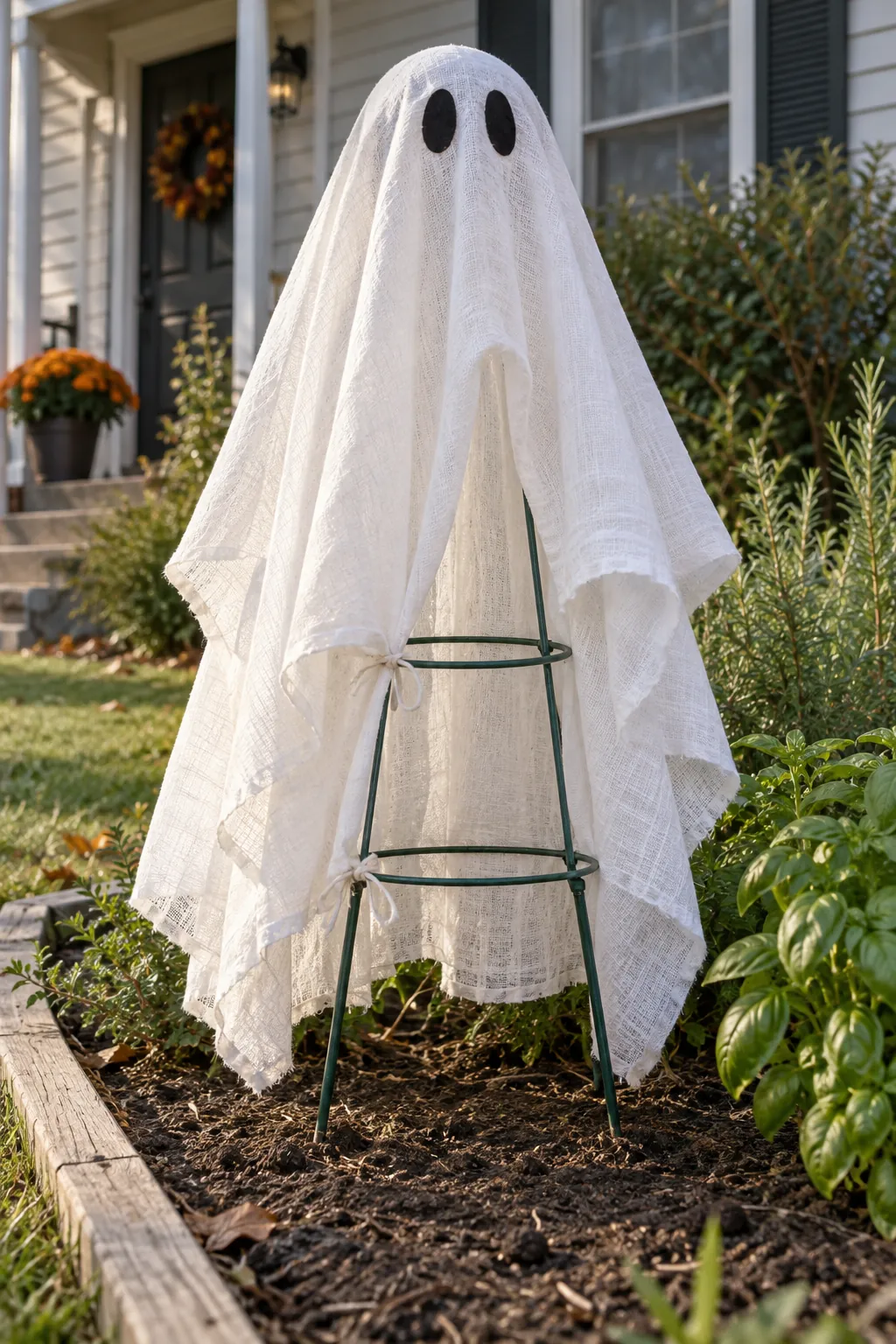 Tomato Cage Ghost as a DIY outdoor Halloween ghost display without a tree