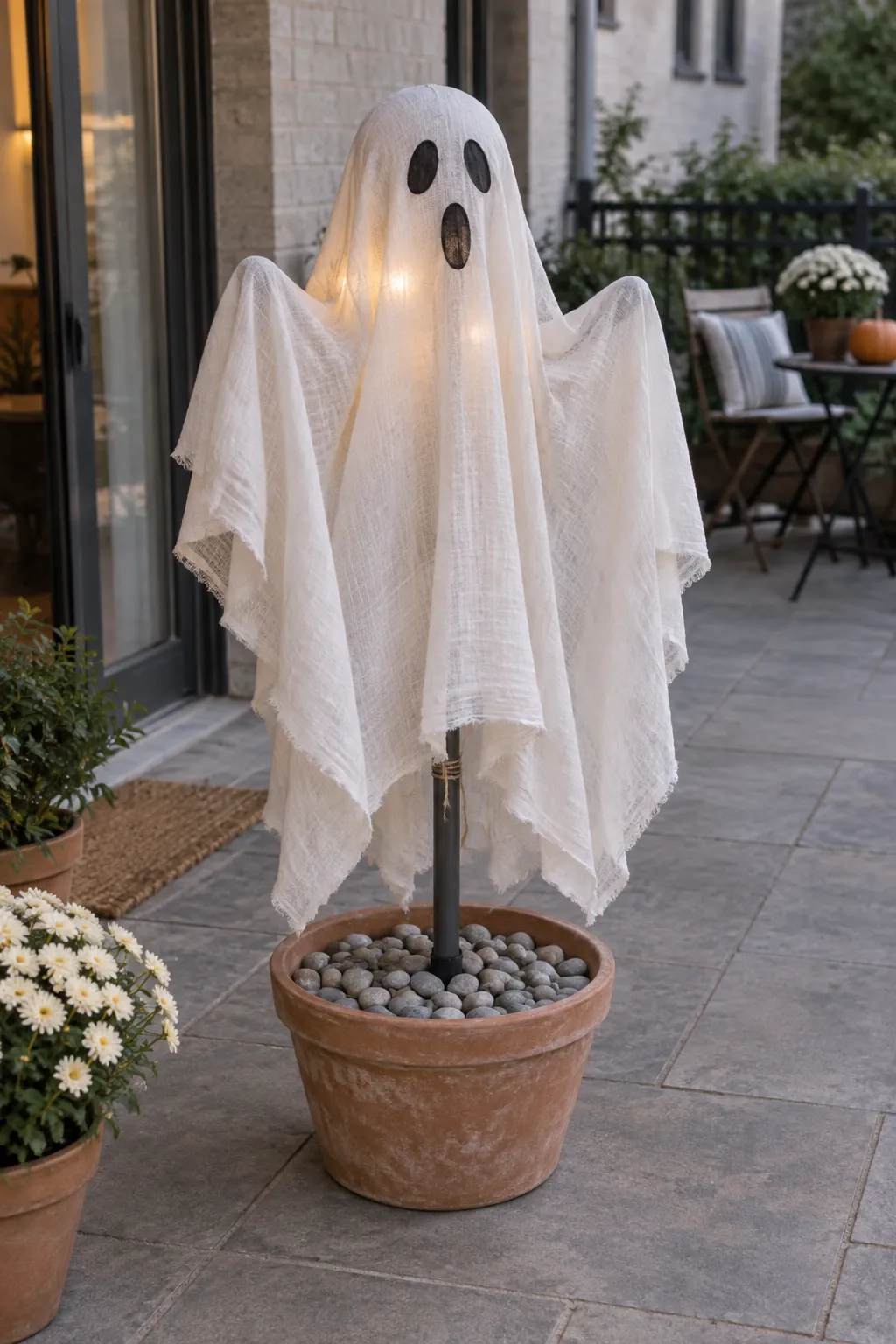 Weighted Planter Ghost as a DIY outdoor Halloween ghost display without a tree