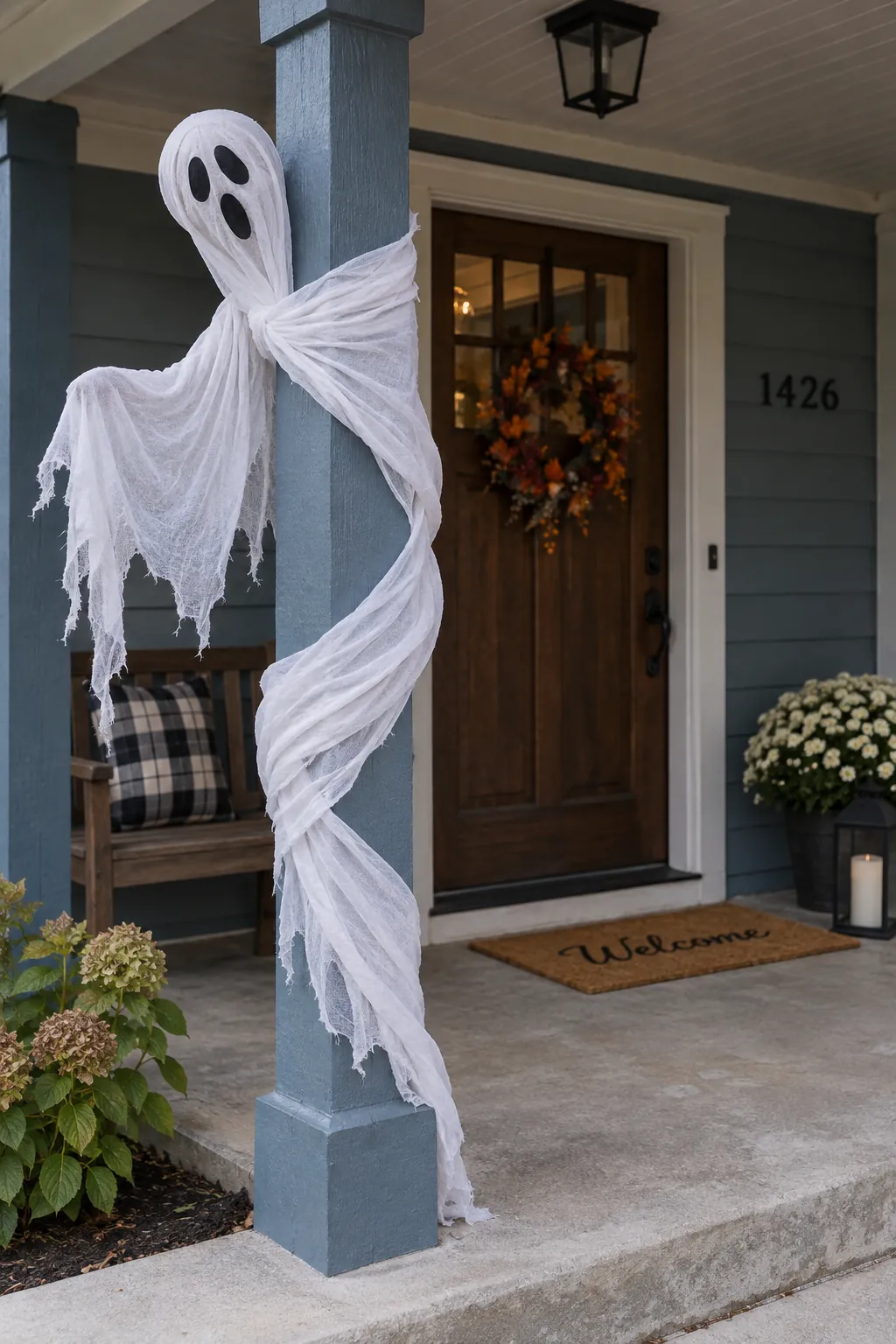 Porch Post Wrap Ghost as a DIY outdoor Halloween ghost display without a tree