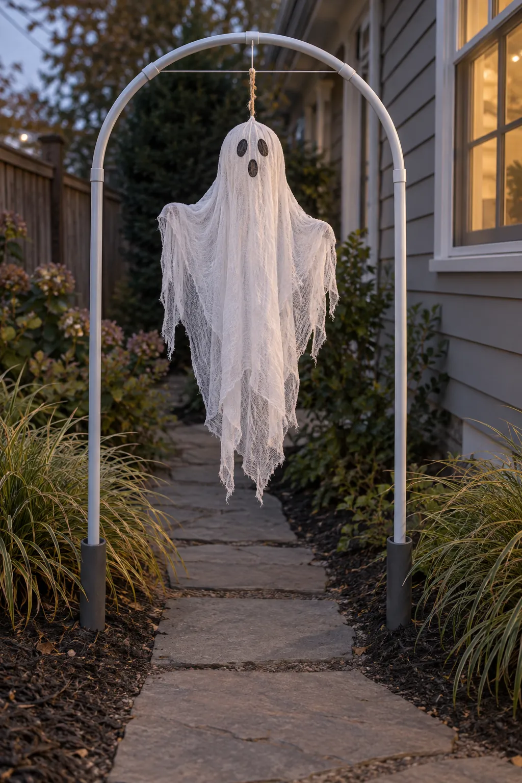PVC Pipe Arch Ghost as a DIY outdoor Halloween ghost display without a tree
