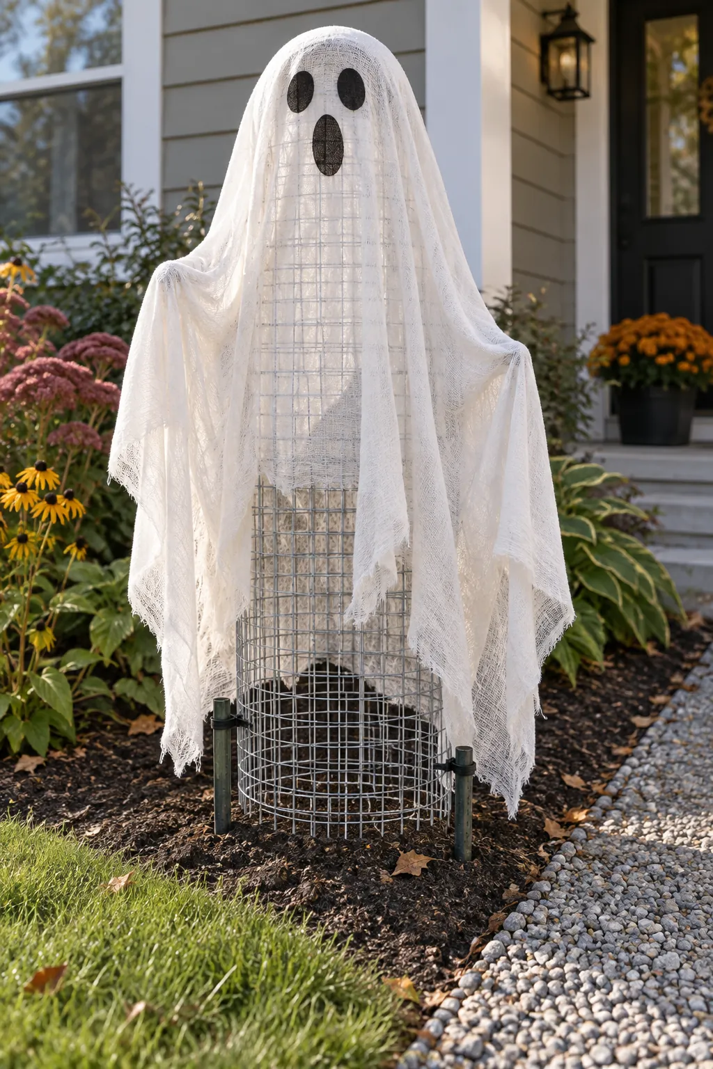 Wire Mesh Cylinder Ghost as a DIY outdoor Halloween ghost display without a tree