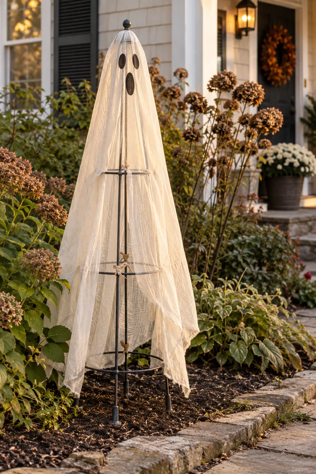 Garden Obelisk Ghost as a DIY outdoor Halloween ghost display without a tree