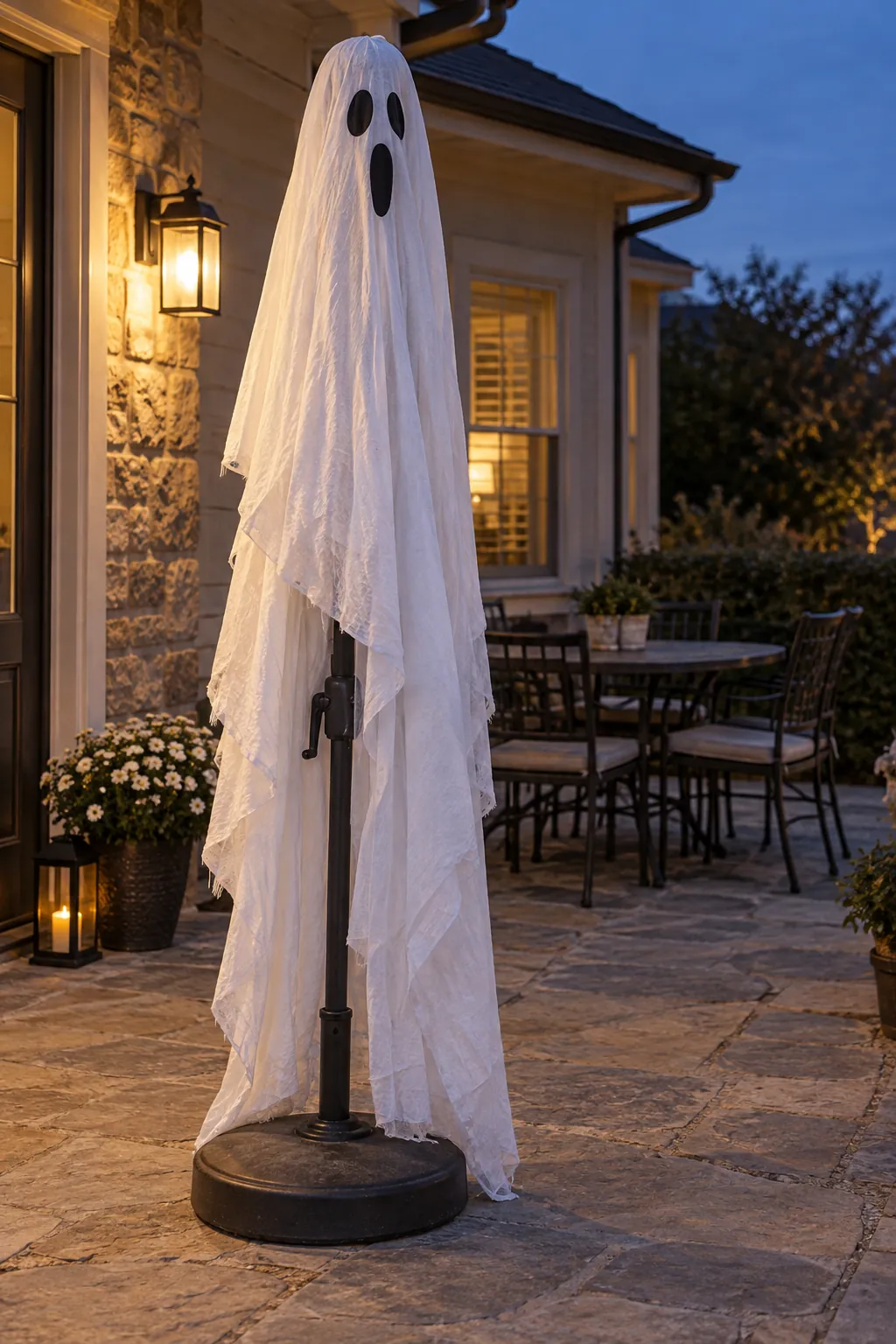 Patio Umbrella Ghost as a DIY outdoor Halloween ghost display without a tree