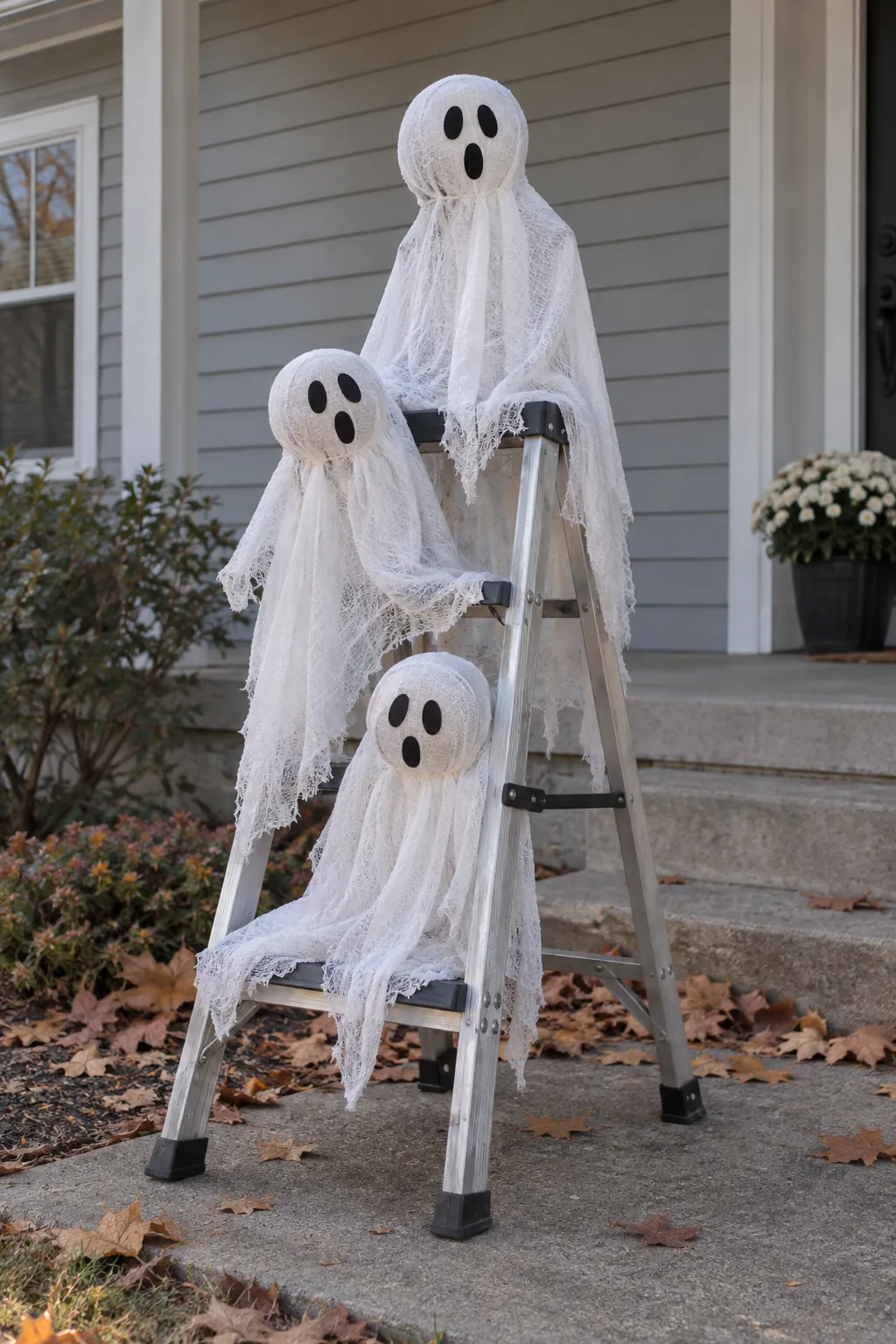 Ladder Step Ghosts as a DIY outdoor Halloween ghost display without a tree