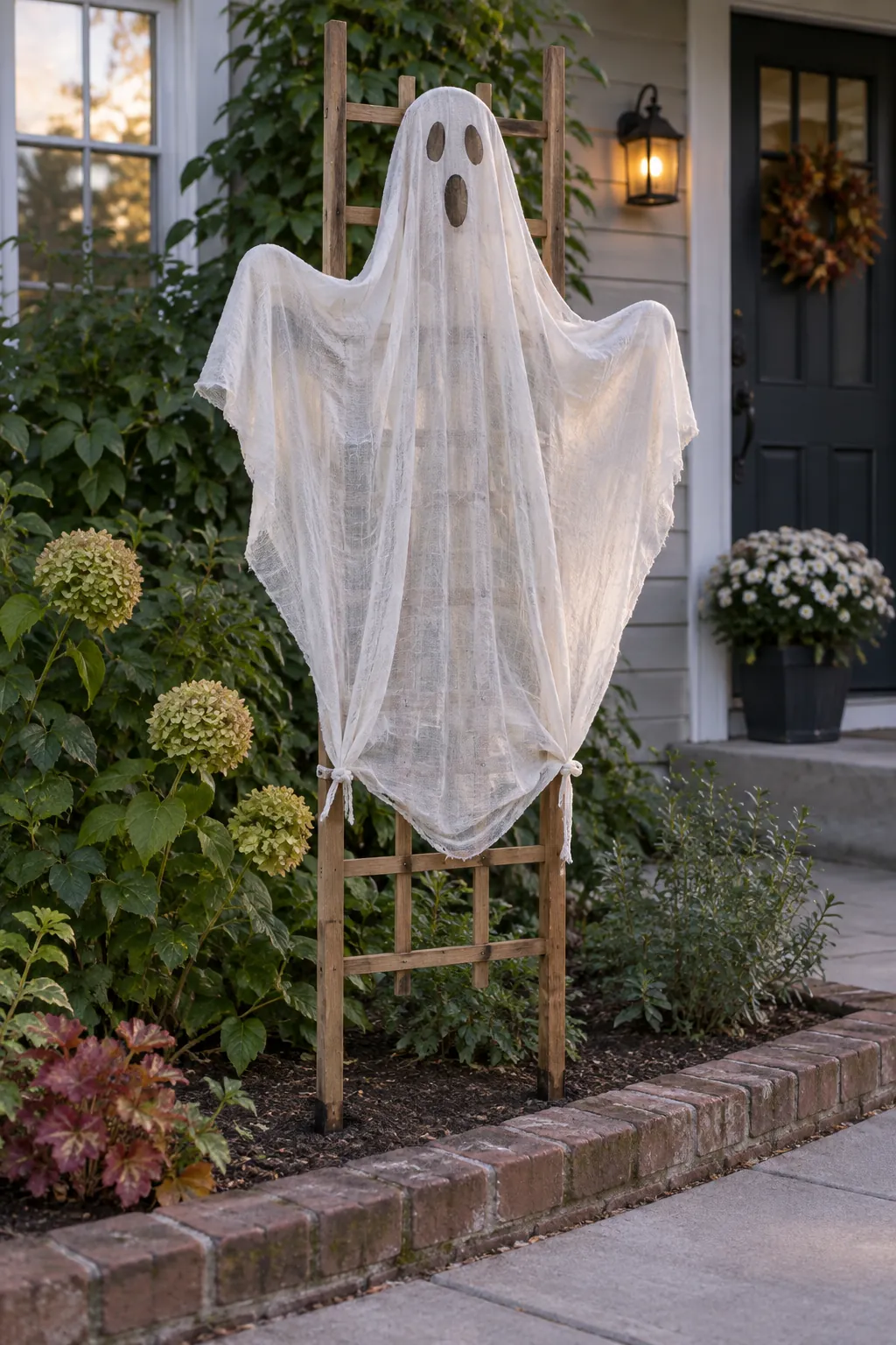 Trellis Panel Ghost as a DIY outdoor Halloween ghost display without a tree