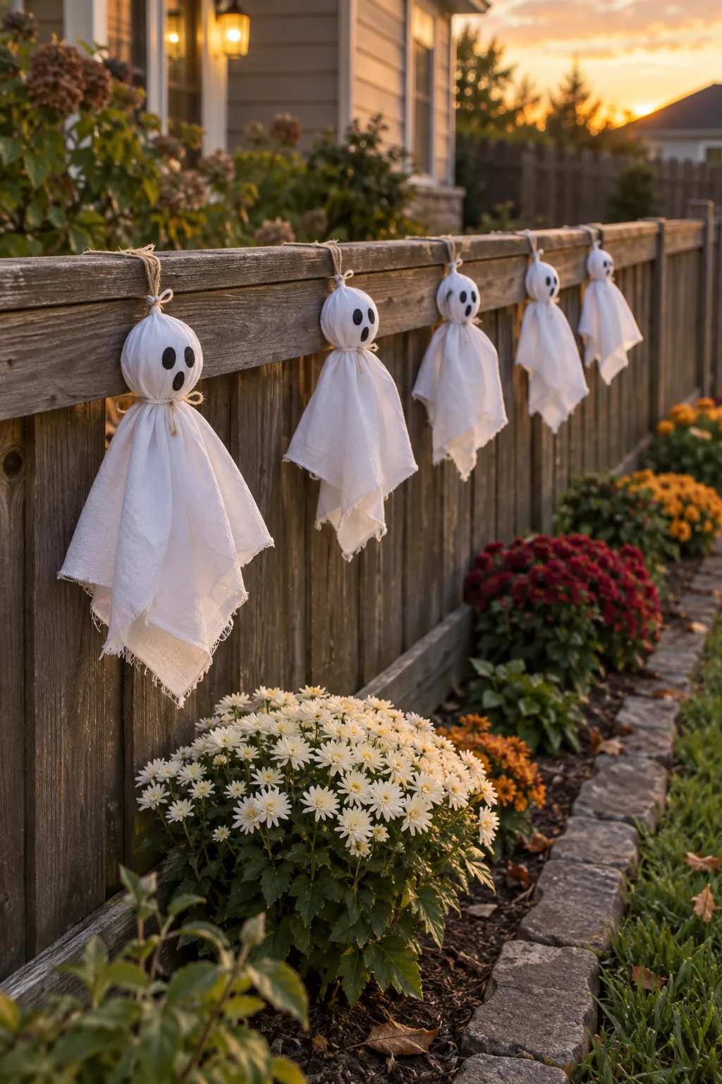 Fence Rail Ghost Garland as a DIY outdoor Halloween ghost display without a tree