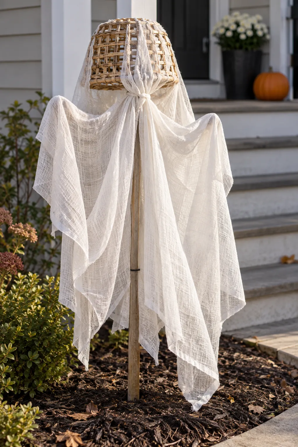Basket Frame Ghost as a DIY outdoor Halloween ghost display without a tree
