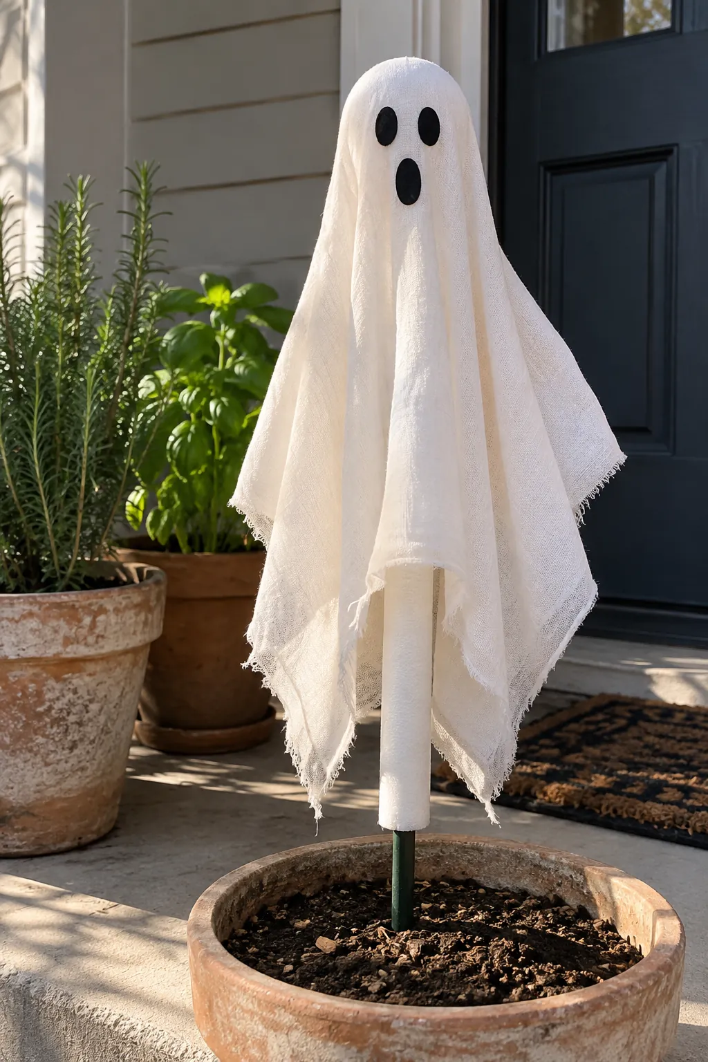 Pool Noodle Sleeve Ghost as a DIY outdoor Halloween ghost display without a tree