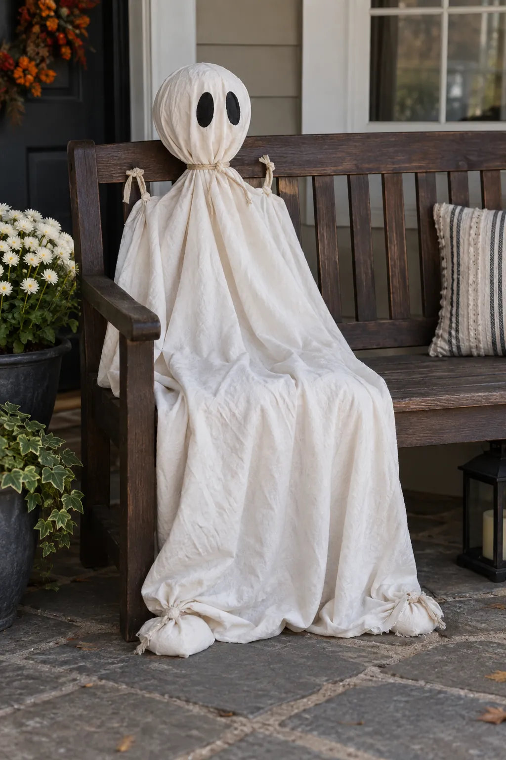 Bench Back Ghost as a DIY outdoor Halloween ghost display without a tree