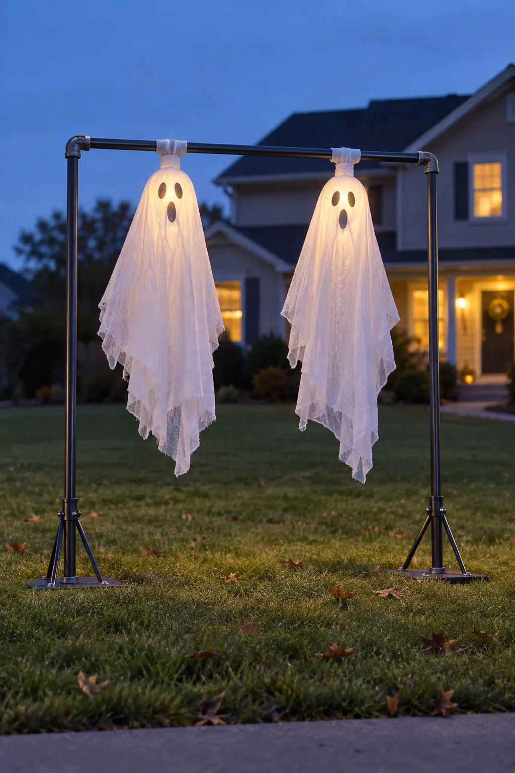 Conduit Crossbar Ghost Pair as a DIY outdoor Halloween ghost display without a tree