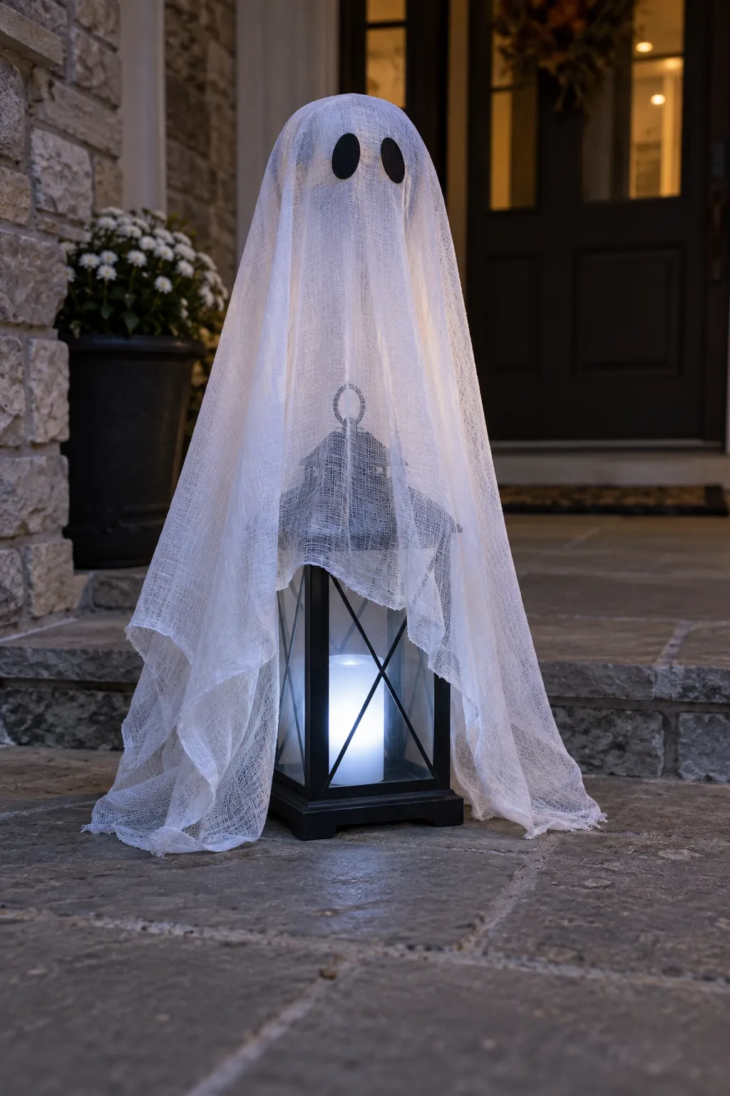 Decorative Lantern Ghost as a DIY outdoor Halloween ghost display without a tree