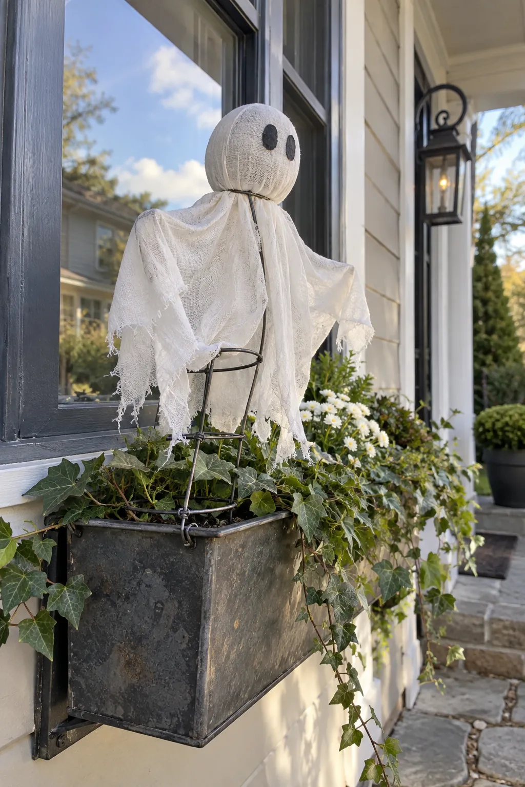 Window Box Ghost as a DIY outdoor Halloween ghost display without a tree