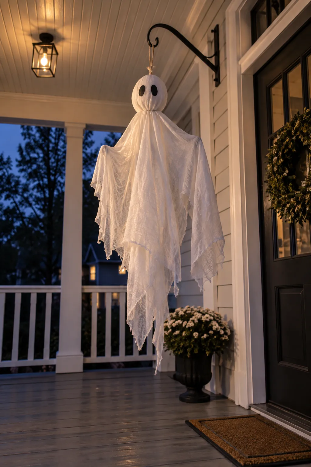 Porch Ceiling Ghost as a DIY outdoor Halloween ghost display without a tree
