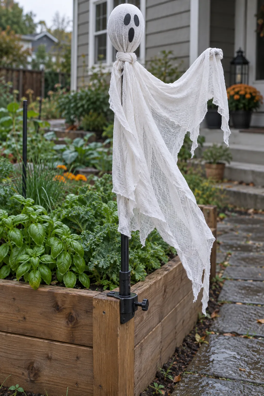 Raised Bed Corner Ghost as a DIY outdoor Halloween ghost display without a tree