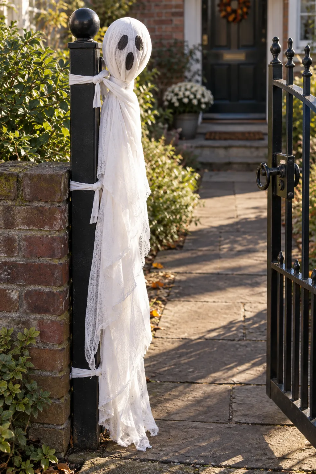 Gatepost Ghost as a DIY outdoor Halloween ghost display without a tree