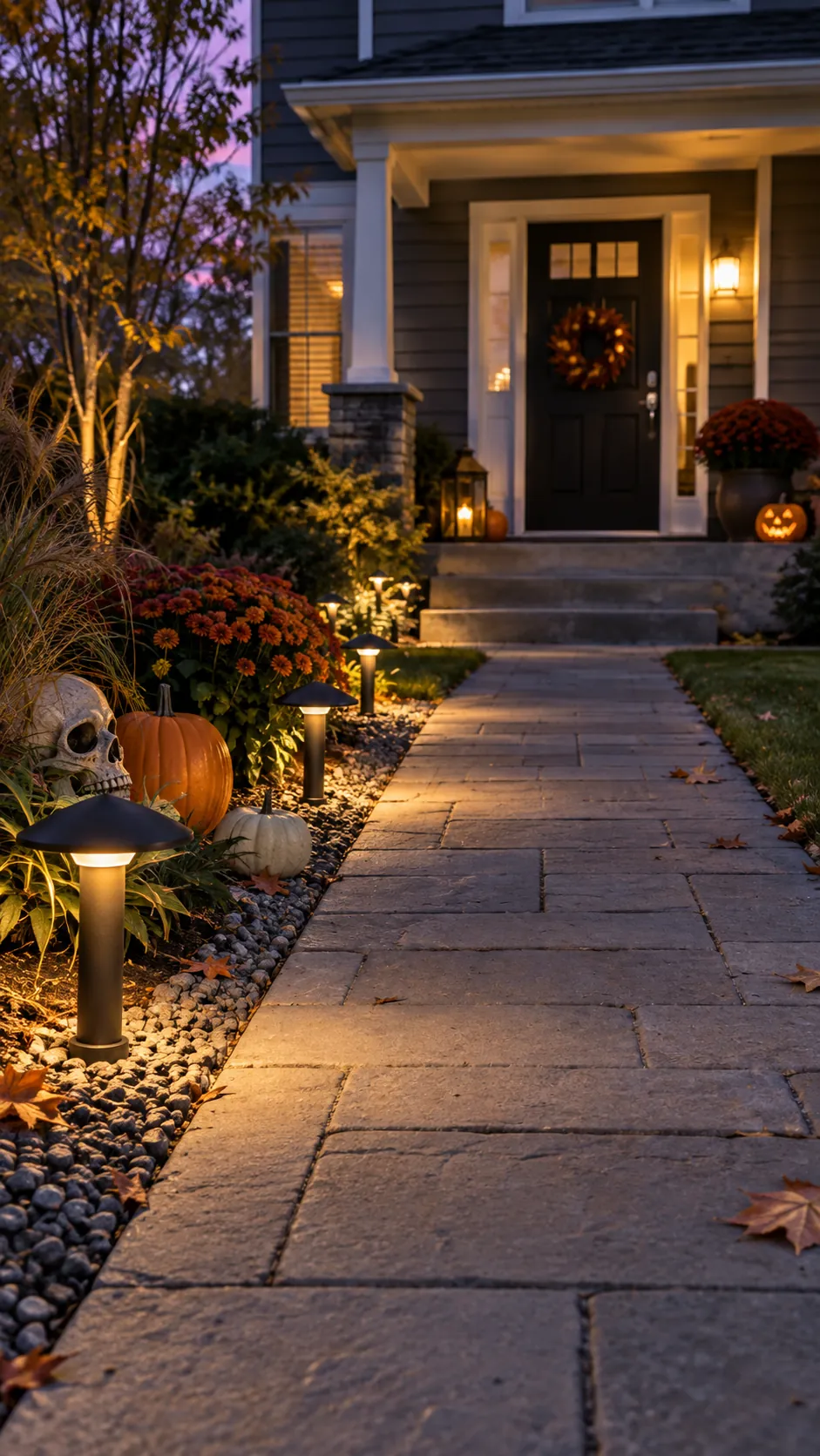 Light the path from outside its edges in a Halloween front yard with an open walkway