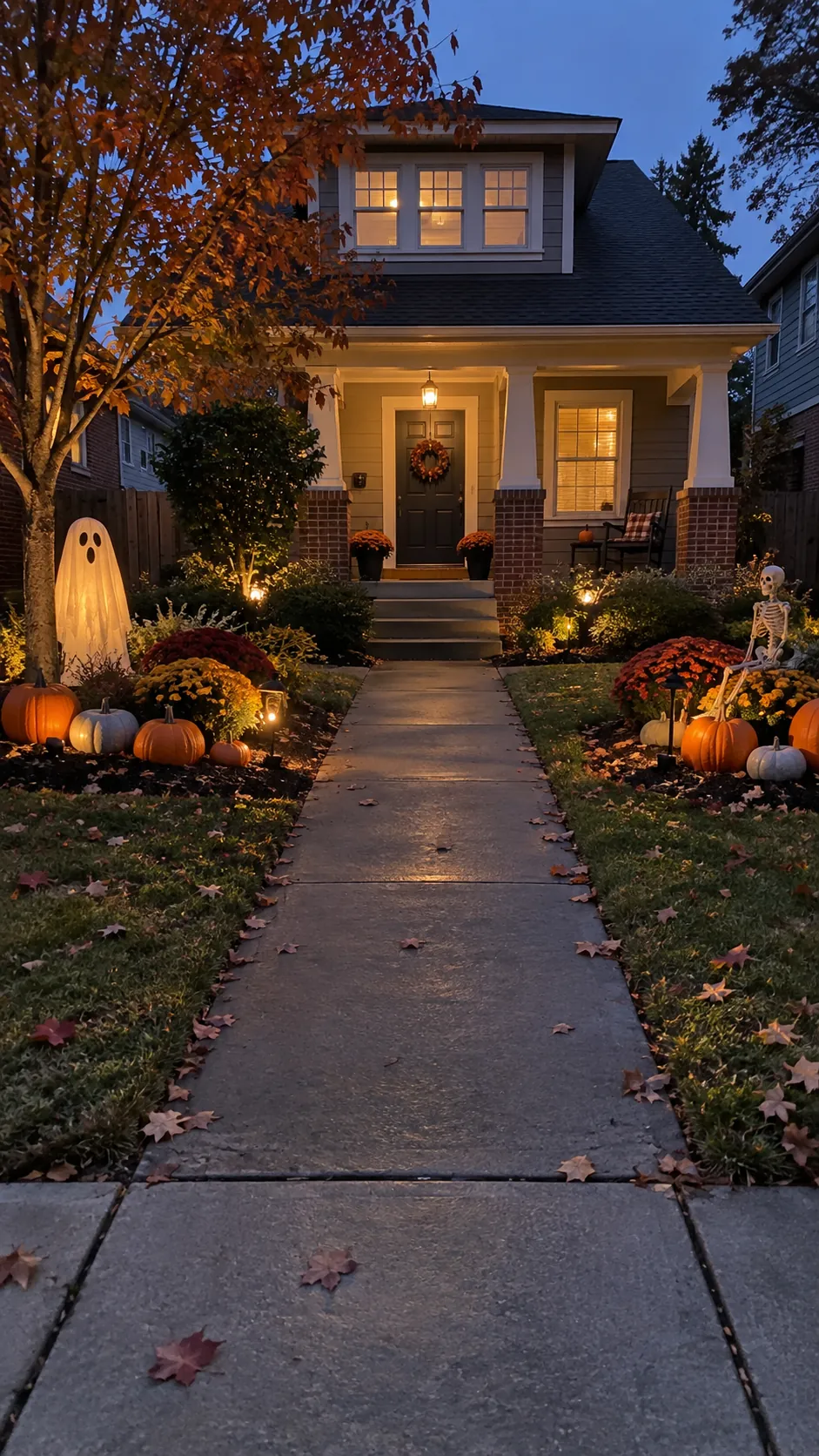 Halloween front yard decor framing a clear walk to a welcoming porch