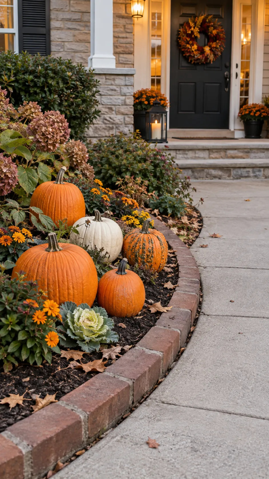 Cluster pumpkins in a flower bed in a Halloween front yard with an open walkway