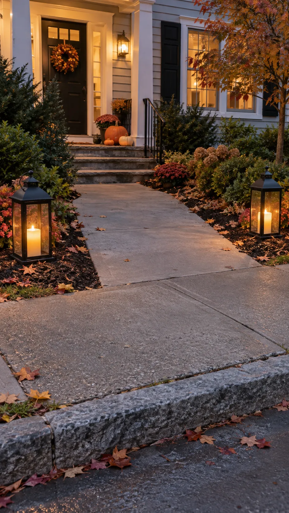 Frame the curb with two lanterns in a Halloween front yard with an open walkway