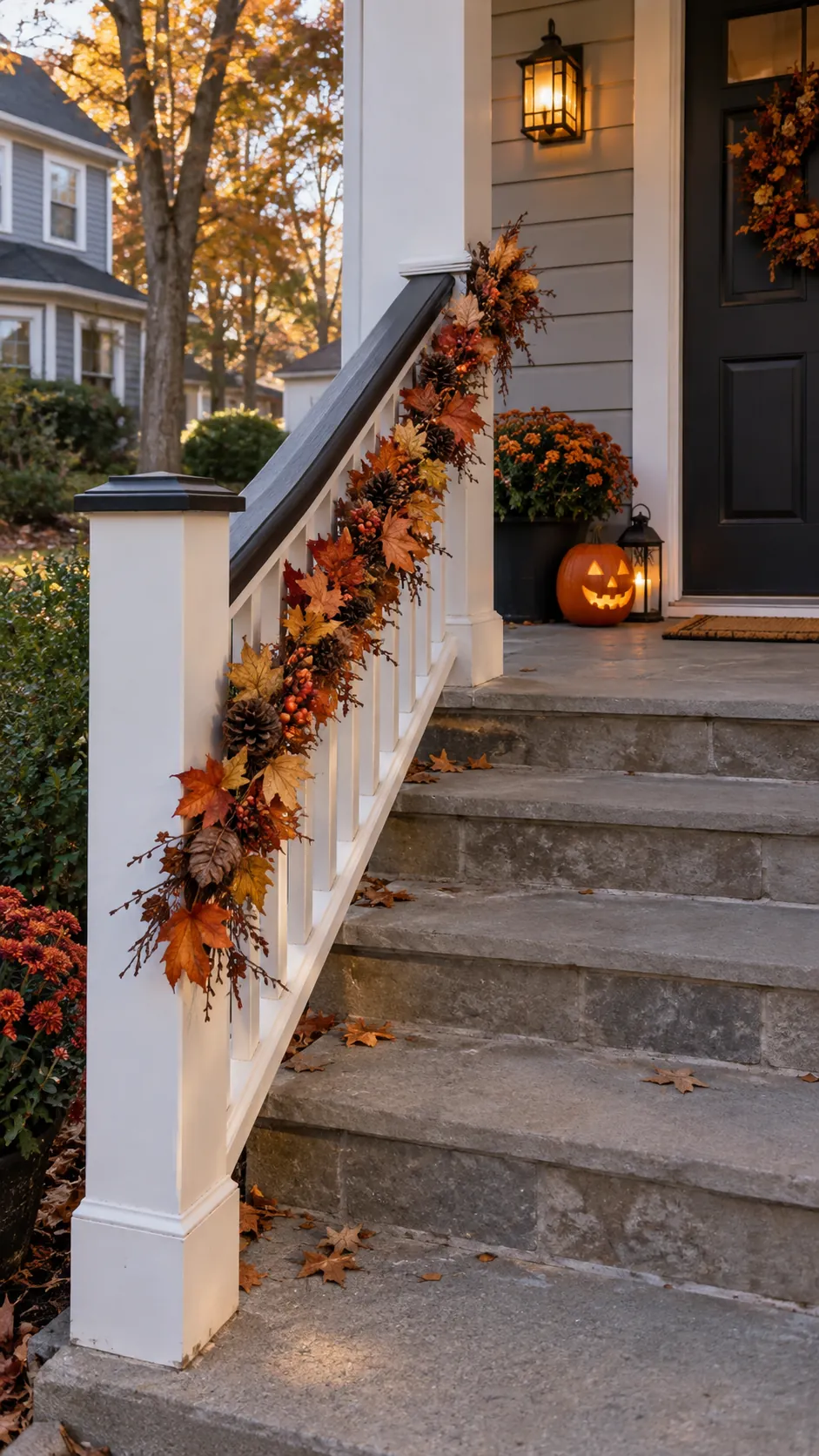 Dress the porch rail instead of the steps in a Halloween front yard with an open walkway