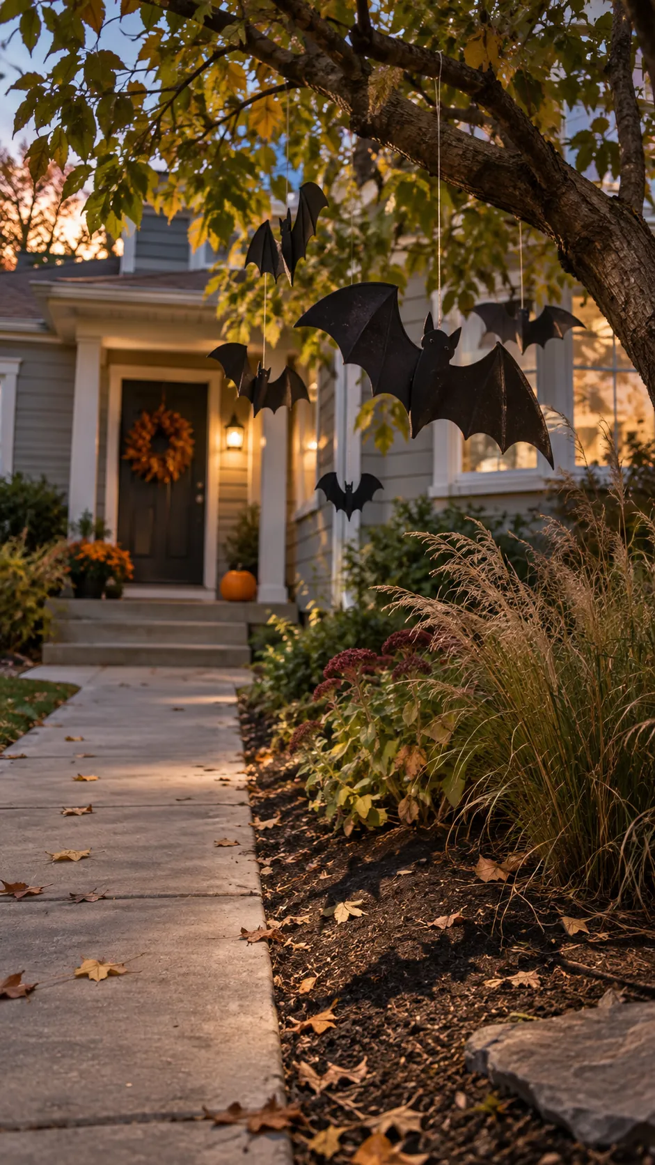 Hang bats over the planting strip in a Halloween front yard with an open walkway