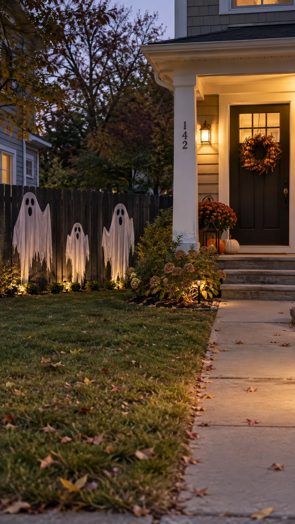 Stage ghost silhouettes behind a fence in a Halloween front yard with an open walkway