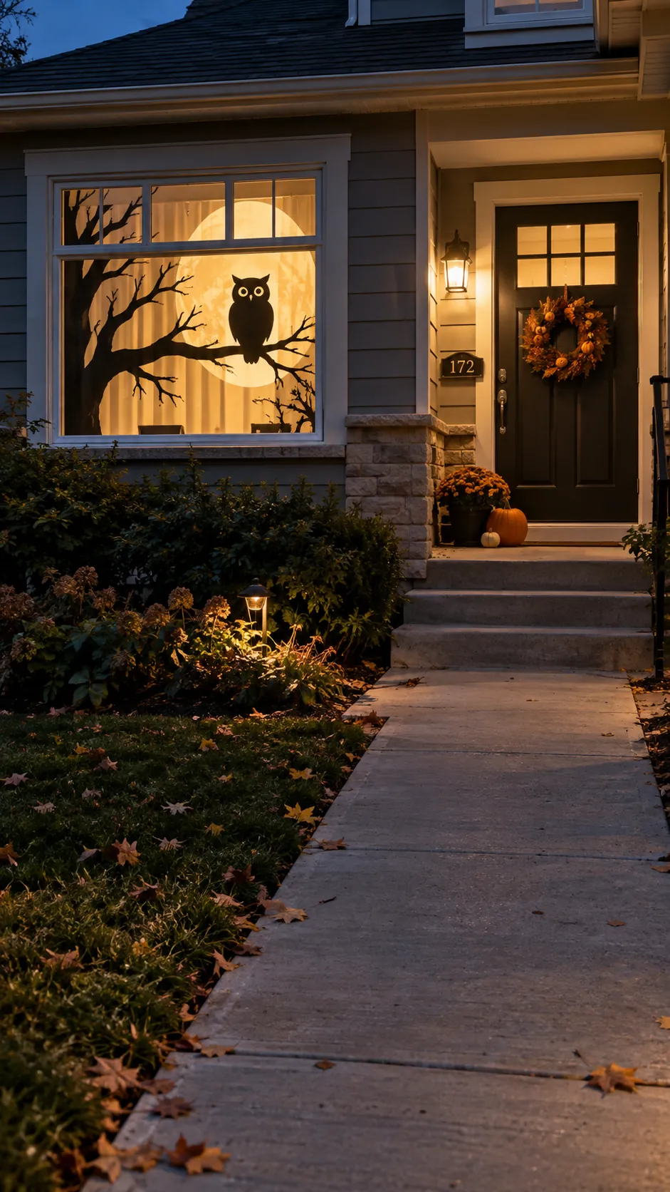 Turn front windows into glowing scenes in a Halloween front yard with an open walkway