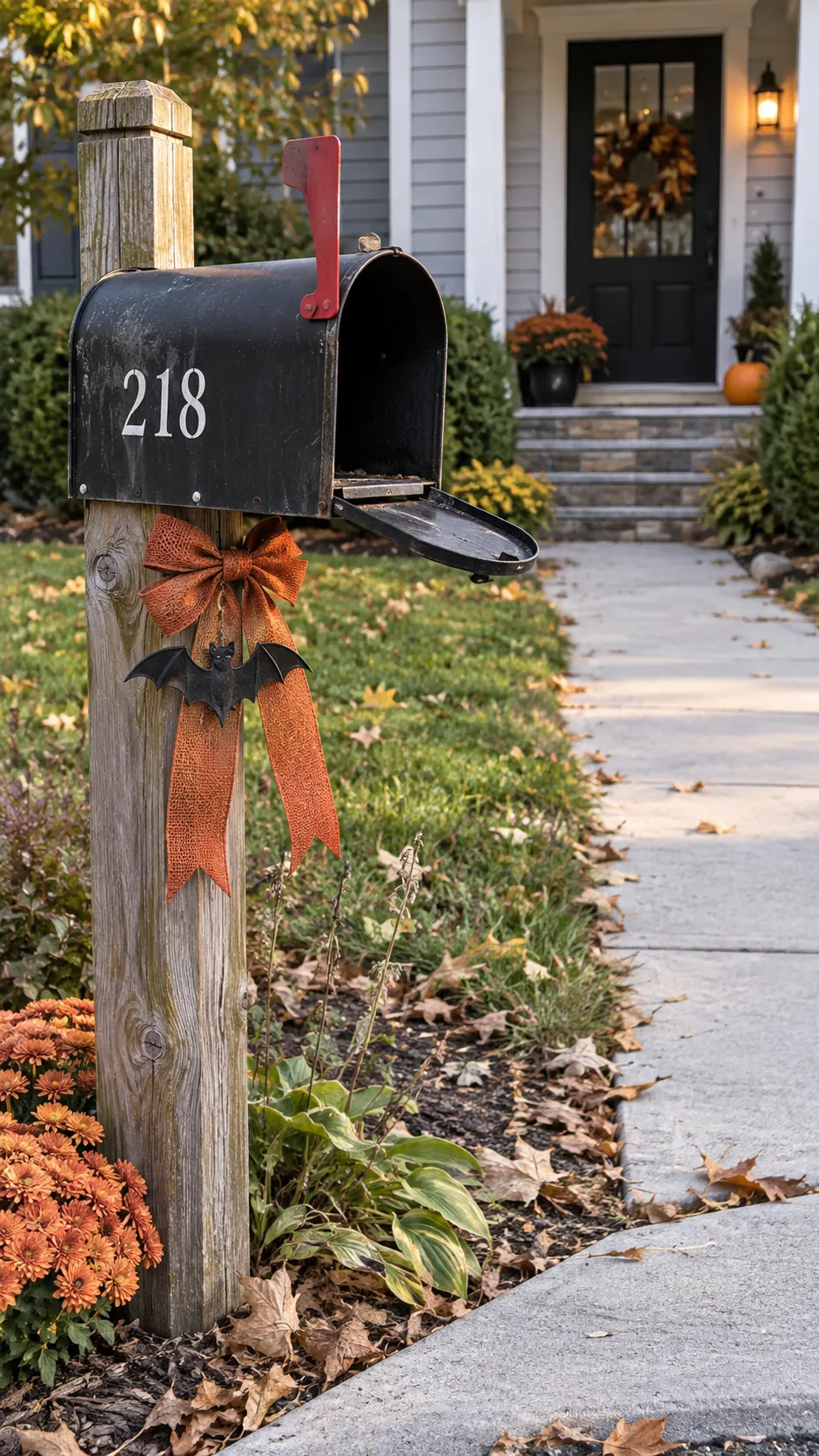 Give the mailbox a compact accent in a Halloween front yard with an open walkway