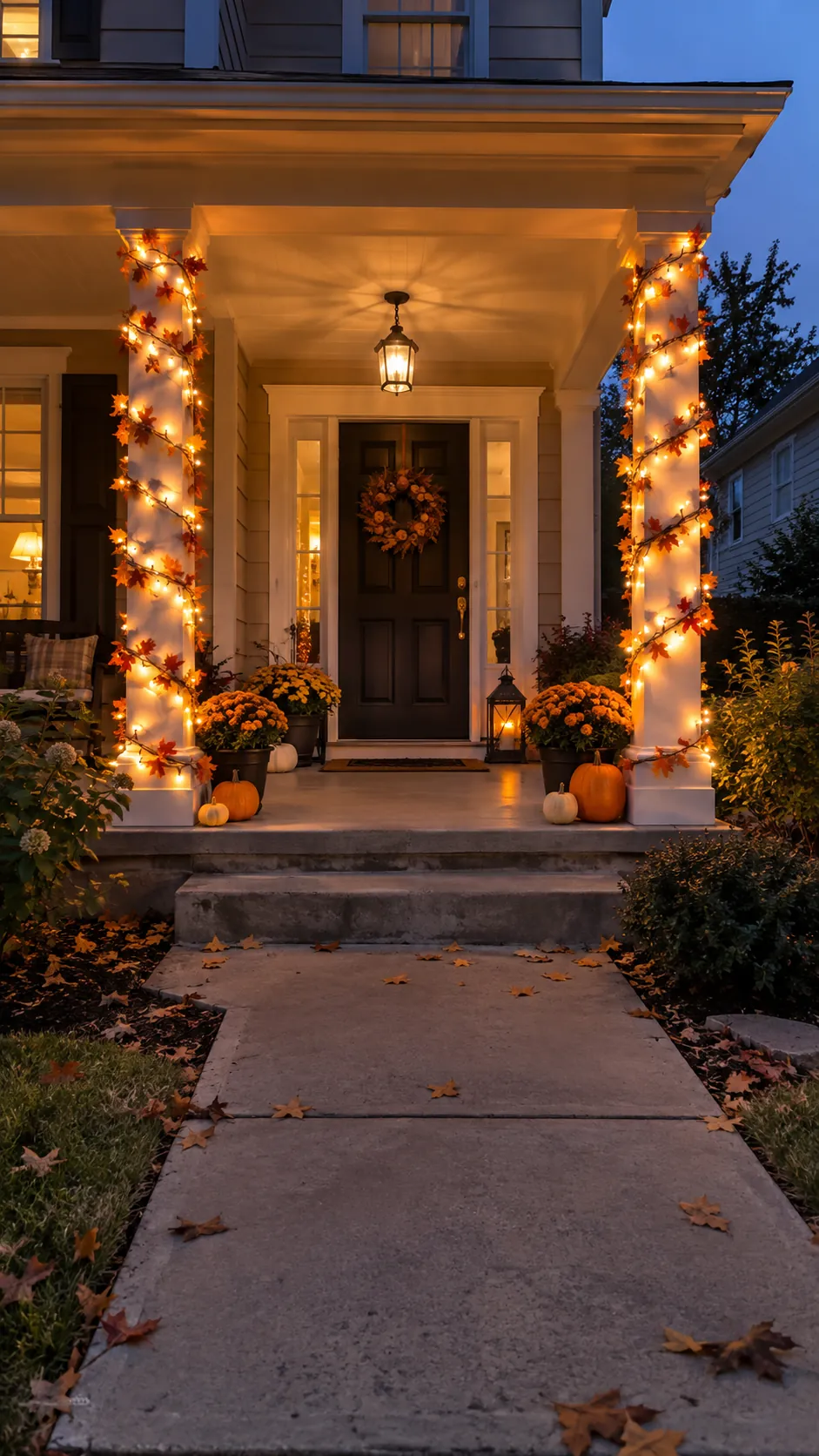 Outline porch columns with soft light in a Halloween front yard with an open walkway