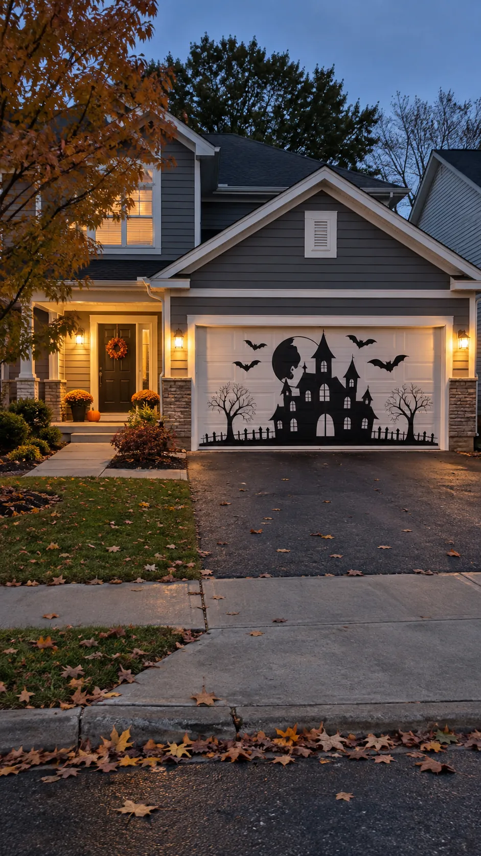 Use the garage door as a backdrop in a Halloween front yard with an open walkway