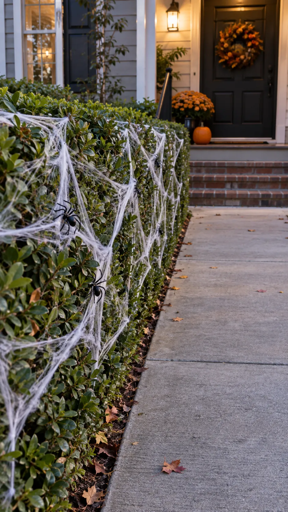 Keep spider webs on the hedge in a Halloween front yard with an open walkway