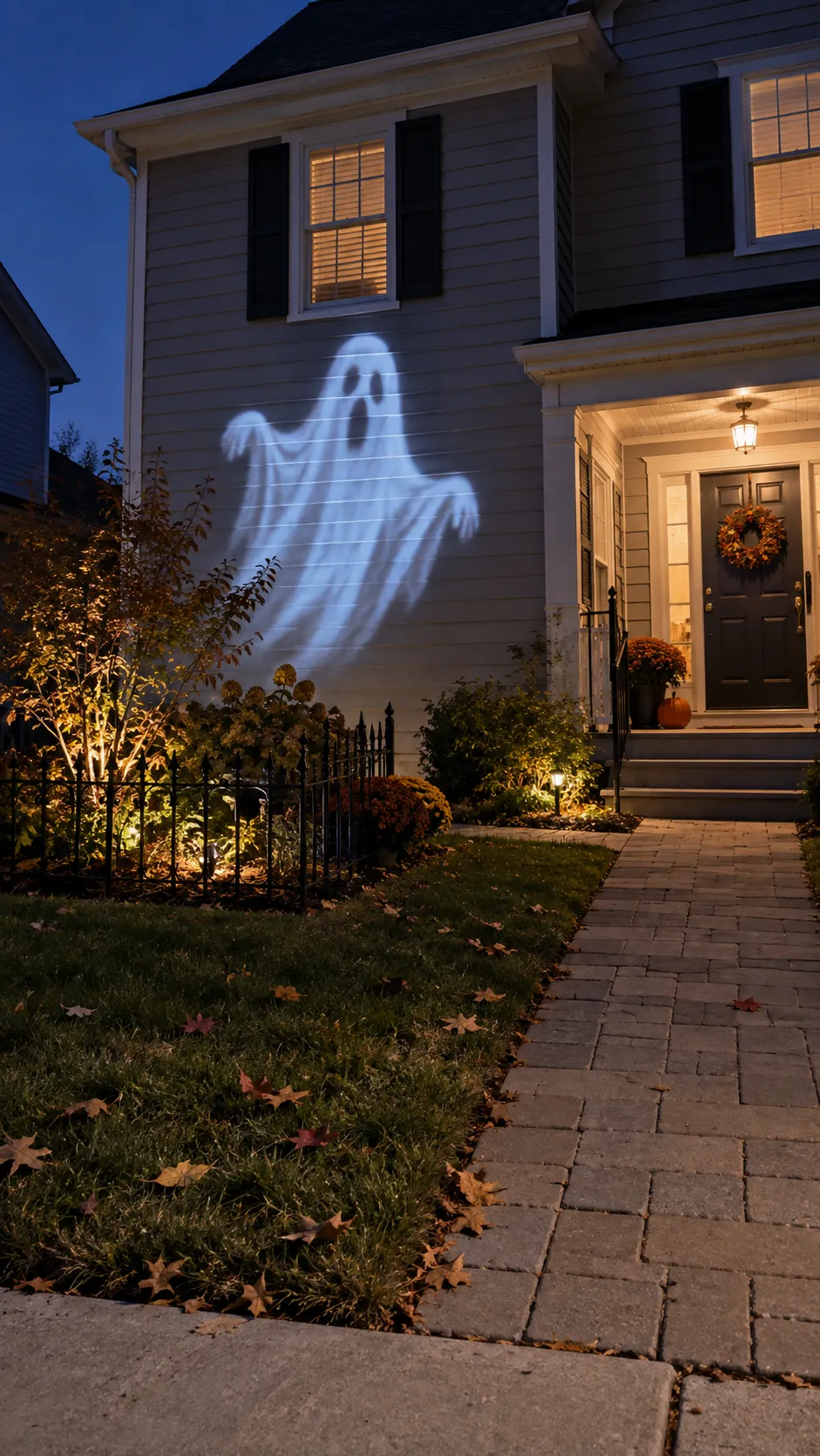 Project a scene onto the house in a Halloween front yard with an open walkway