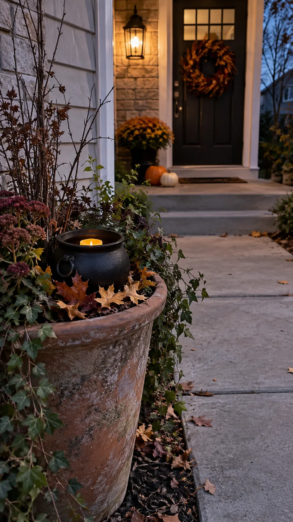 Fill a raised planter with a cauldron scene in a Halloween front yard with an open walkway