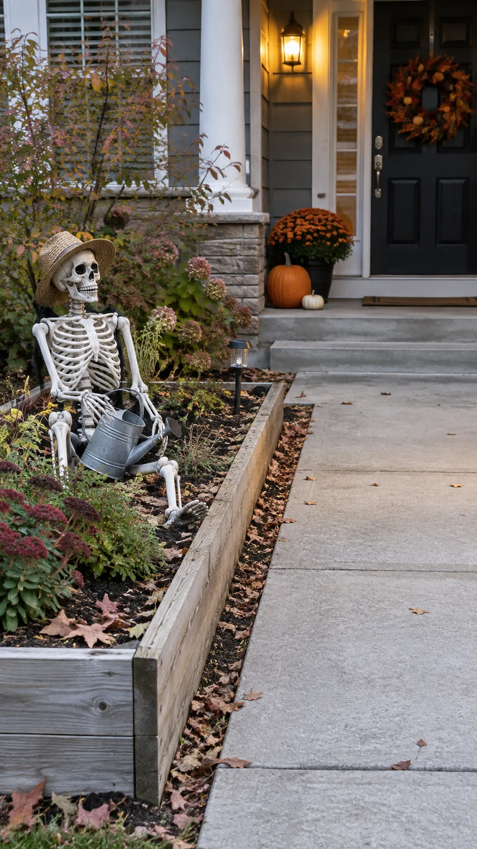 Build a skeleton scene in a raised bed in a Halloween front yard with an open walkway