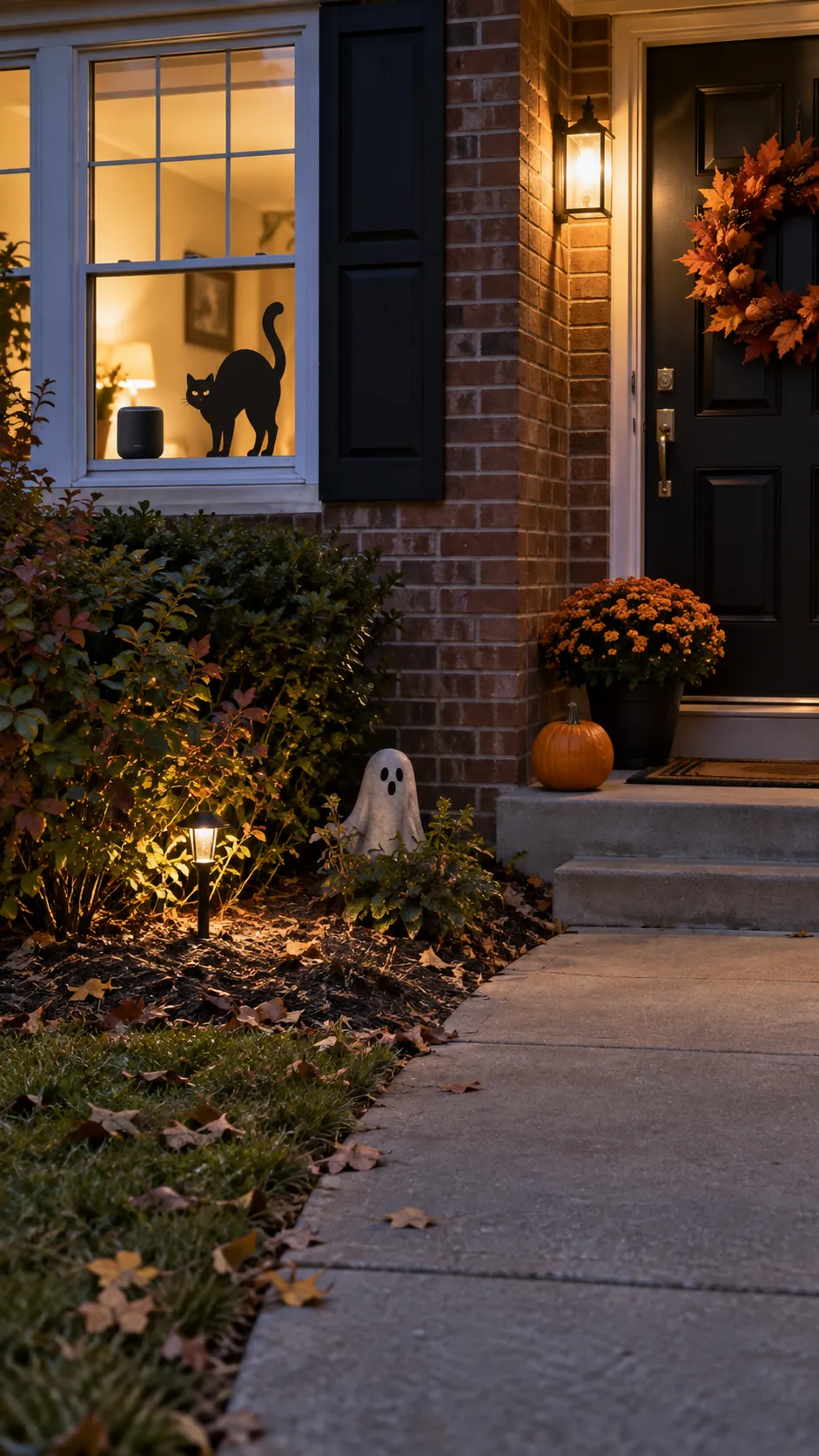 Put sound near the window in a Halloween front yard with an open walkway