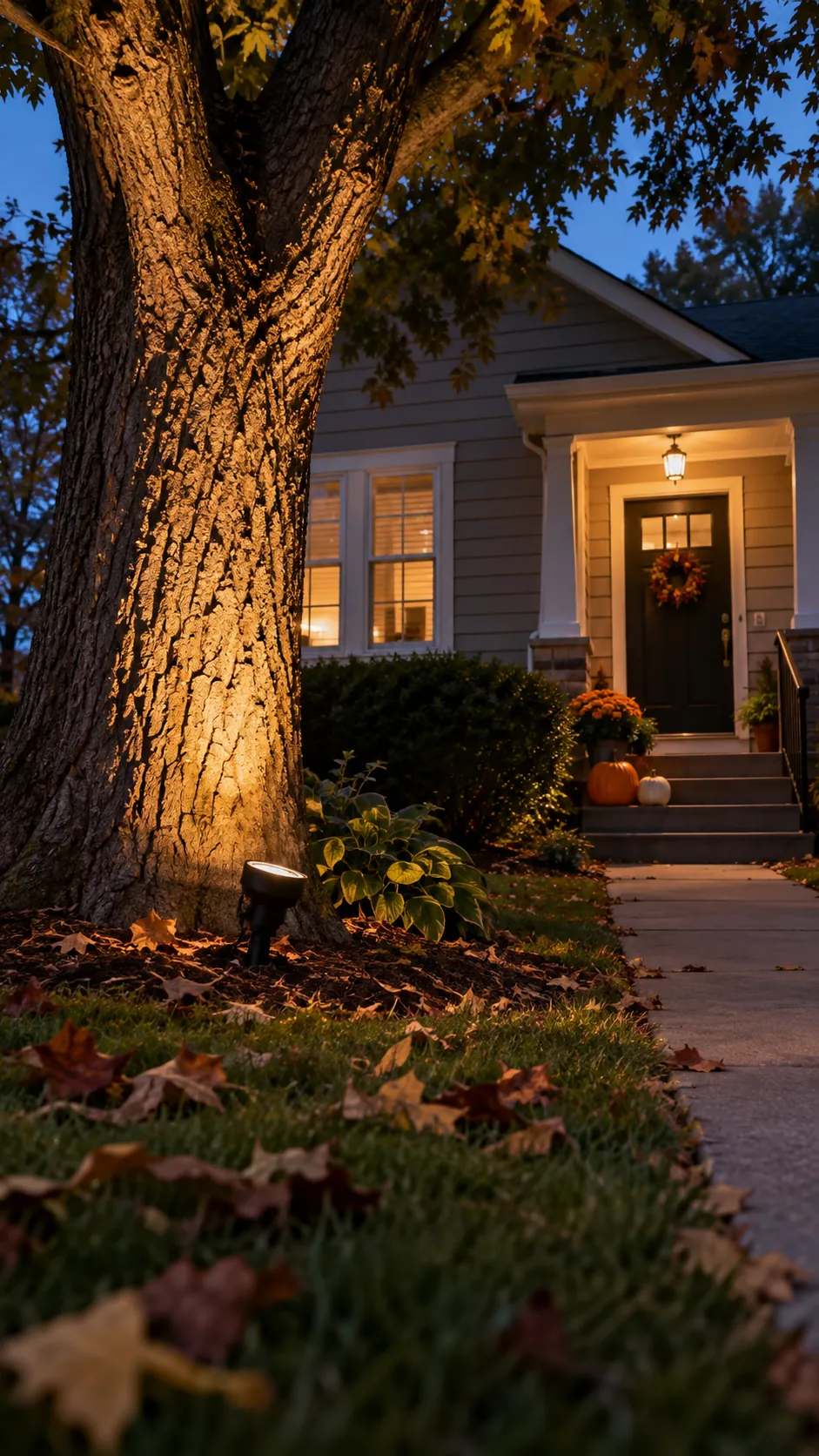 Uplight one mature tree in a Halloween front yard with an open walkway