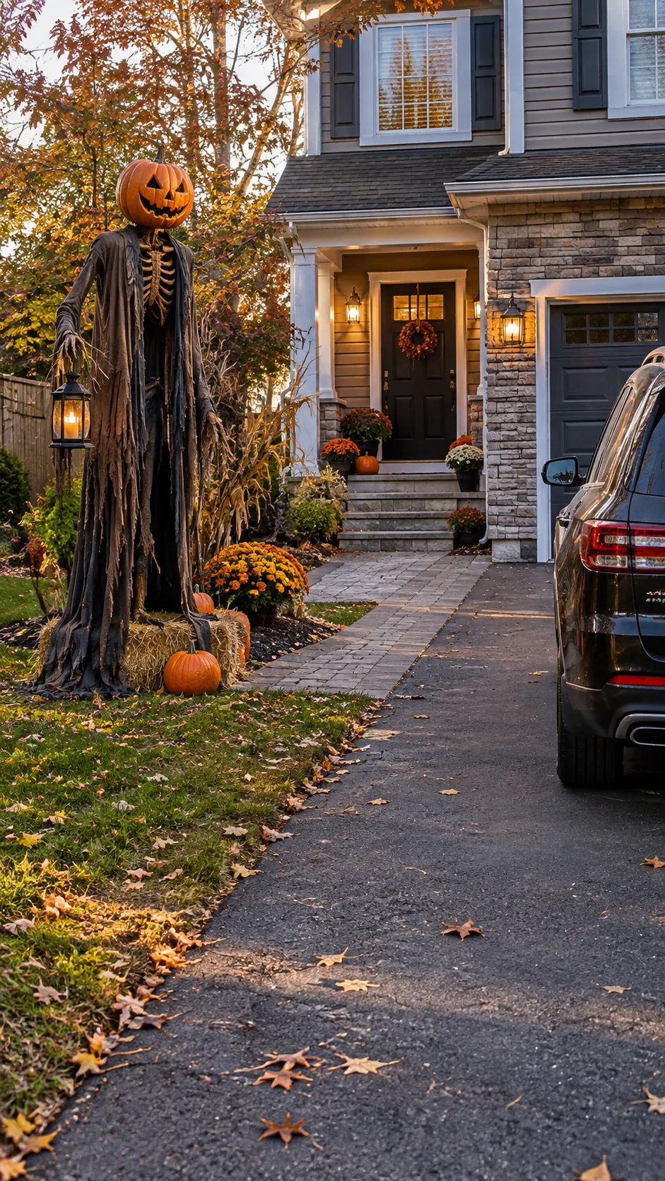 Use the driveway edge for larger props in a Halloween front yard with an open walkway