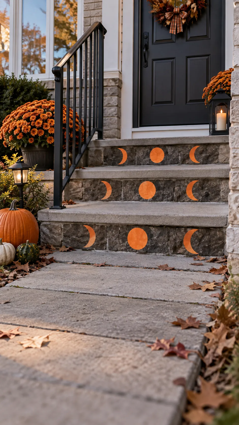 Decorate vertical step risers in a Halloween front yard with an open walkway