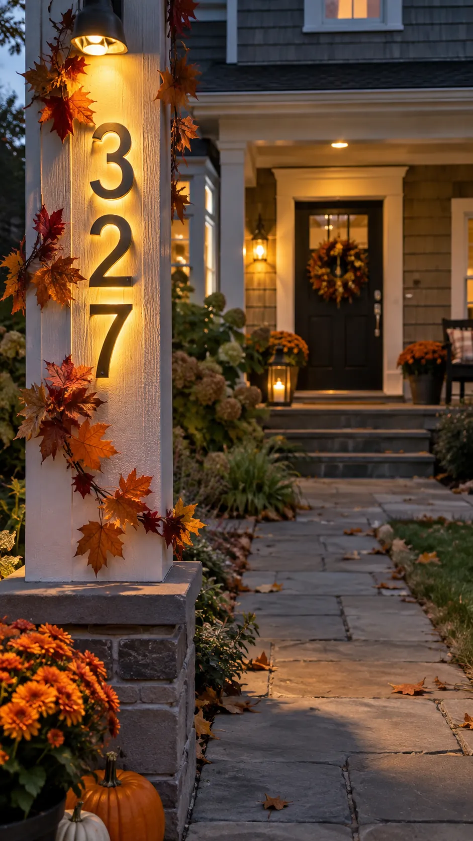 Keep the house number bright in a Halloween front yard with an open walkway