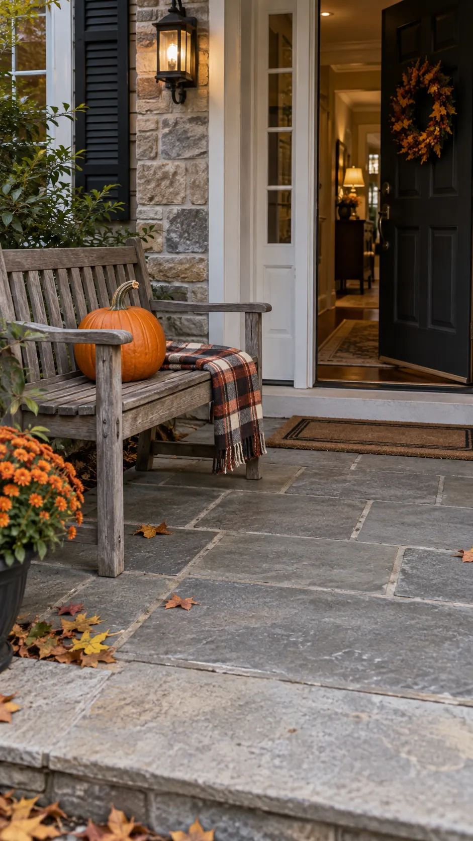 Create a bench scene off to one side in a Halloween front yard with an open walkway