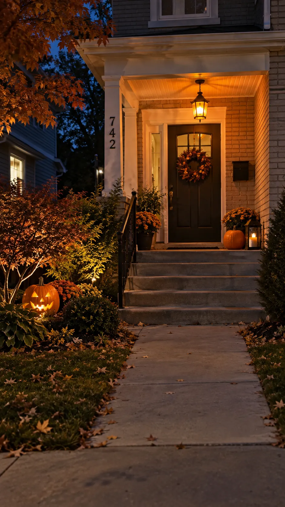 Swap to a gentle porch bulb color in a Halloween front yard with an open walkway