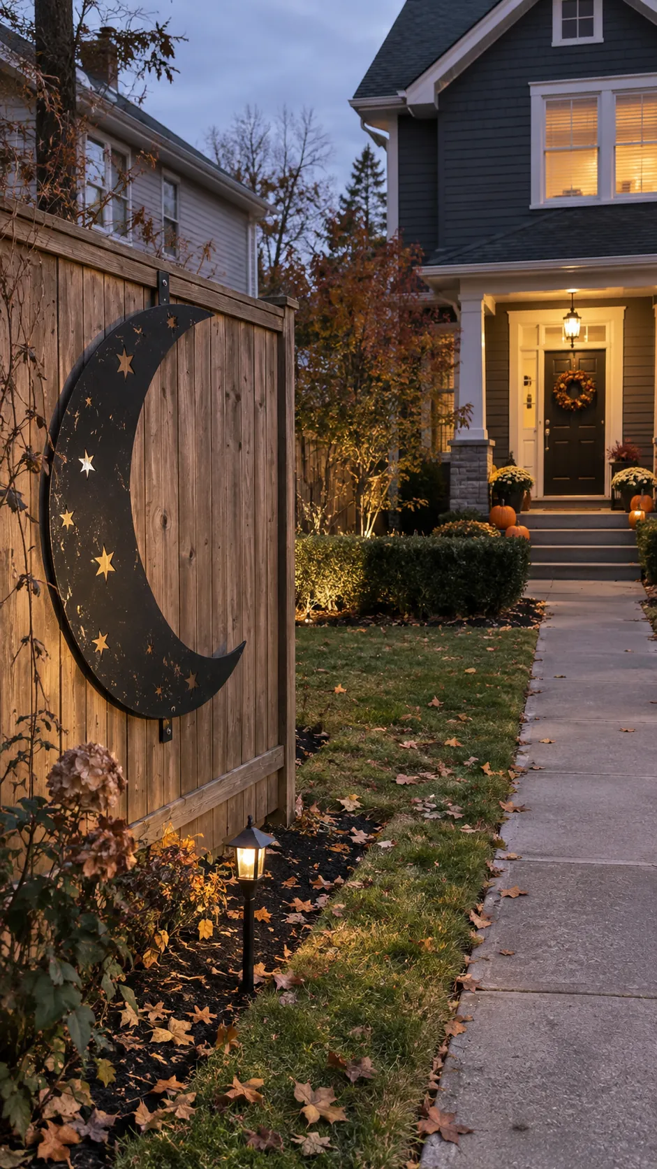 Mount a moon sign on a fence in a Halloween front yard with an open walkway