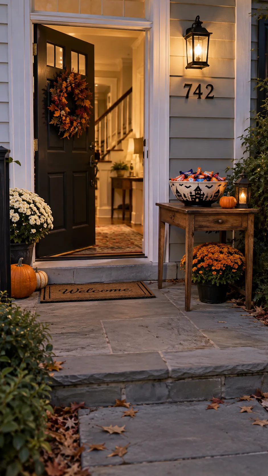 Move the candy handoff beside the door in a Halloween front yard with an open walkway