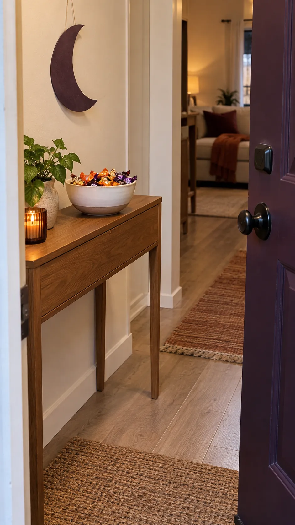 Compact Halloween candy station with clear entryway path