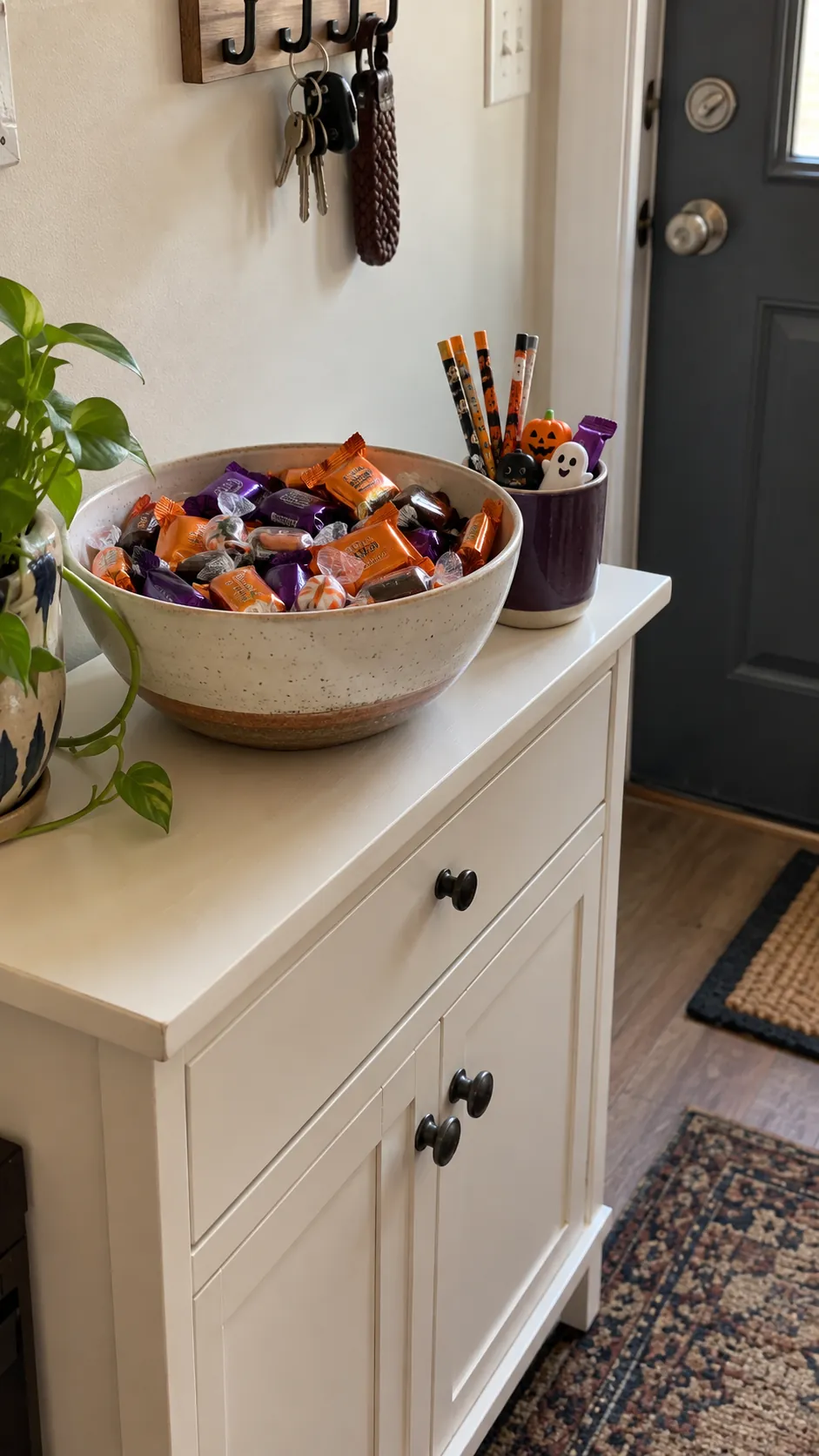 Stable bowl of wrapped Halloween candy with separate nonfood treats