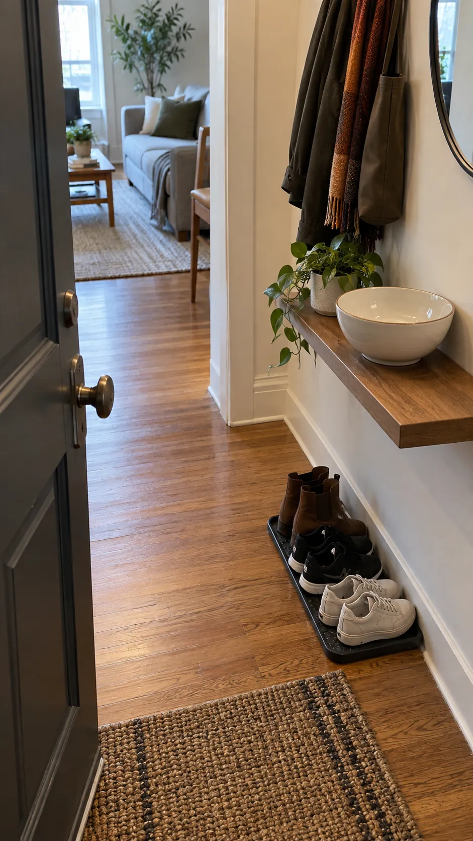Clear walking route beside a small apartment entry door